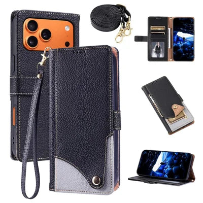 For iPhone 18 Pro Max / 17 Pro Max Leather Case with Wrist Strap and Shoulder Strap Dual Color Multi Card Slots Phone Cover - Black