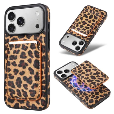 For iPhone 18 Pro Max / 17 Pro Max Case Magnetic Card Holder PU Leather + PC + TPU Anti-Scratch Phone Cover - Leopard
