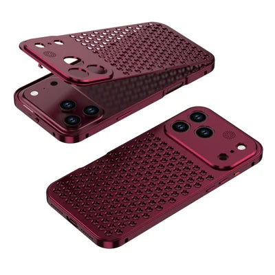 For iPhone 18 Pro Max / 17 Pro Max Case Alloy Metal Honeycomb Cooling Aromatherapy Phone Cover - Dark Red