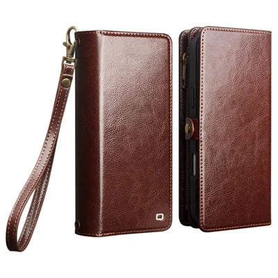 QIALINO for iPhone 18 Pro Max / 17 Pro Max Case Split Leather Detachable 2 in 1 Wallet Phone Cover with Long Strap and Wrist Strap - Brown