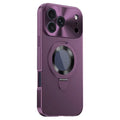 For iPhone 18 Pro Max Magnetic Case PC + Metal Kickstand Phone Cover with Anti-Spy Tempered Glass Film - Plum