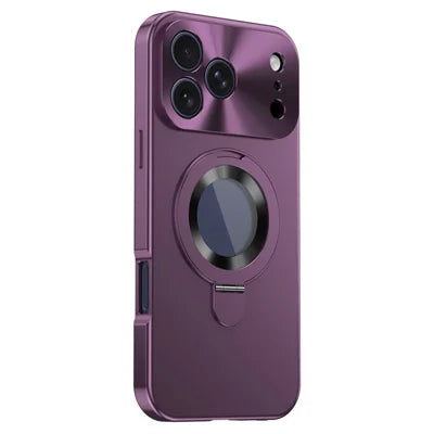 For iPhone 18 Pro Max Magnetic Case PC + Metal Kickstand Phone Cover with Anti-Spy Tempered Glass Film - Plum