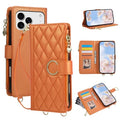 For iPhone 18 Pro Max / 17 Pro Max Case Magnetic Ring Buckle Zipper Pocket Rhombic Leather Phone Cover with Wrist Strap - Orange