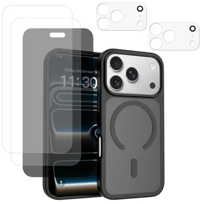 For iPhone 18 Pro Max Magnetic Case TPU + PC Anti-Fingerprint Phone Cover with 2Pcs HD Screen Protector + 2Pcs Lens Protector + 1Pc Privacy Screen Protector - Black