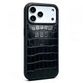 For iPhone 18 Pro Max / 17 Pro Max Case Genuine Cow Leather Crocodile Bamboo Grain Pattern Shockproof Phone Cover - Black