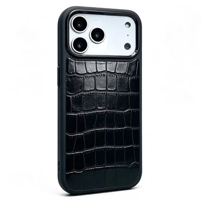 For iPhone 18 Pro Max / 17 Pro Max Case Genuine Cow Leather Crocodile Bamboo Grain Pattern Shockproof Phone Cover - Black
