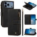 For iPhone 18 Pro Max / 17 Pro Max Wallet Case PU Leather Zippe Phone Cover with Wrist Strap - Black