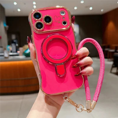 For iPhone 18 Pro Max  /  17 Pro Max Case Kickstand Electroplating Wave Frame Love Printing TPU Back Cover with Hand Strap - Rose