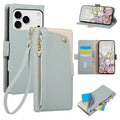 For iPhone 18 Pro Max / 17 Pro Max Case Dual Color Zipper Pocket Wallet Leather Phone Cover with Wrist Strap - Blue