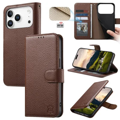 For iPhone 18 Pro Max / 17 Pro Max Case RFID Blocking Wallet Split Leather Phone Cover - Dark Brown