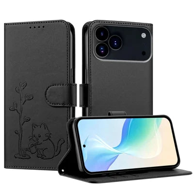  For iPhone 17 Pro Max / iPhone 18 Pro Max Case Cat Watering Plant Pattern PU Leather Wallet Stand Phone Cover - Black