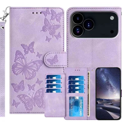  For iPhone 18 Pro Max / iPhone 17 Pro Max Wallet Case with 8 Card Slot Stand Imprinted Butterfly Pattern PU Leather Phone Cover with Wrist Strap - Purple