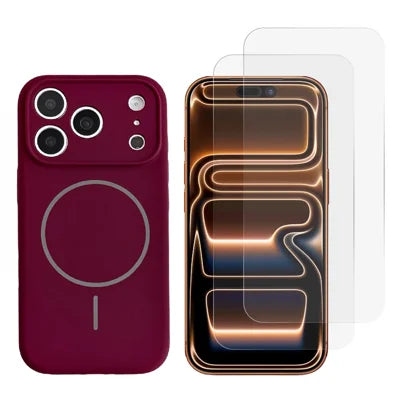For iPhone 18 Pro Max / 17 Pro Max Magnetic Case Liquid Silicone Phone Cover with 2Pcs HD Tempered Glass Screen Protectors - Wine Red
