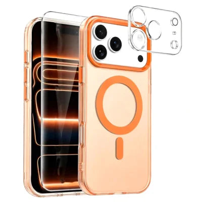 For iPhone 18 Pro Max Magnetic Case Anti Drop Phone Cover with Camera Lens Protector + Tempered Glass Screen Protector - Orange