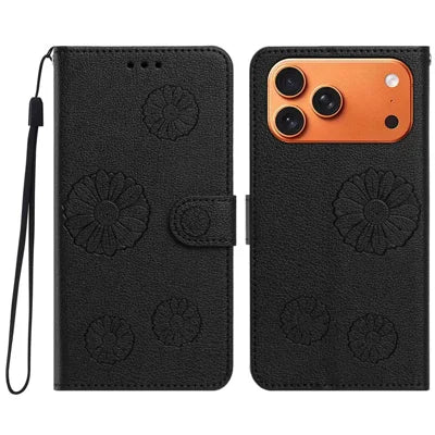 For iPhone 18 Pro Max / 17 Pro Max Wallet Case Daisy Pattern PU Leather Phone Cover with Wrist Strap - Black