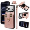 For iPhone 18 Pro Max  /  17 Pro Max Case 7-Slot RFID Blocking Card Holder TPU + PU Leather Phone Black Cover with Straps - Rose Gold