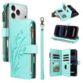 For iPhone 18 Pro Max  /  17 Pro Max Wallet Case 9 Card Slots Zipper Pocket Foldable Stand Imprint Orchid Pattern Leather Phone Cover with Wrist Strap - Green