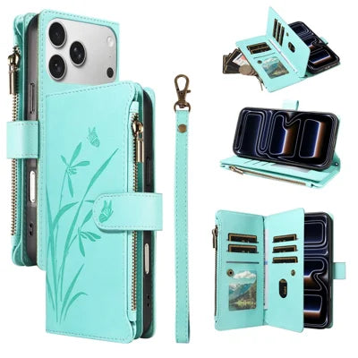 For iPhone 18 Pro Max  /  17 Pro Max Wallet Case 9 Card Slots Zipper Pocket Foldable Stand Imprint Orchid Pattern Leather Phone Cover with Wrist Strap - Green