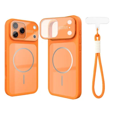 For iPhone 18 Pro Max  /  17 Pro Max Magnetic Case Lens Protection Kickstand Anti-Slip Texture TPU + PC Phone Cover with Wrist Strap - Orange