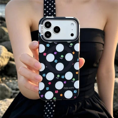 CICI-CITY for iPhone 18 Pro Max / 17 Pro Max Magnetic Case IMD Floral Skin-Friendly PC + TPU Phone Cover - Black + White Polka Dots