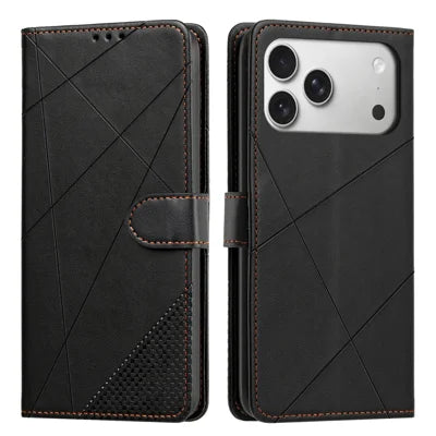 Wallet Case For iPhone 18 Pro Max  /  17 Pro Max Adjustable Stand Magnetic Clasp Imprint Square Leather Flip Phone Cover - Black