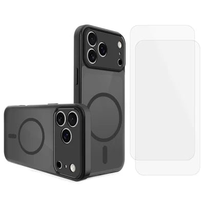 For iPhone 18 Pro Max / 17 Pro Max Magnetic Case PC + TPU Matte Phone Cover + 2Pcs High Aluminum Glass Screen Protector - Black