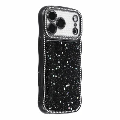 For iPhone 18 Pro Max  /  17 Pro Max TPU Case Epoxy Glitter Wavy Rhinestone Frame Electroplated Phone Back Cover - Black
