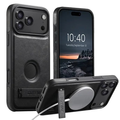 SUTENI G2 for iPhone 18 Pro Max / 17 Pro Max Magnetic Case Leather Phone Back Cover Waxy Texture Kickstand - Black