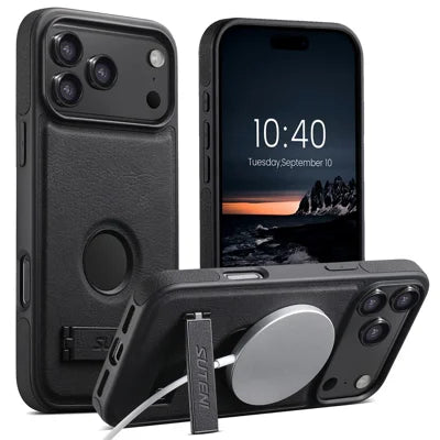 SUTENI G2 for iPhone 18 Pro Max / 17 Pro Max Magnetic Case Kickstand Litchi Texture Leather + TPU Cover - Black