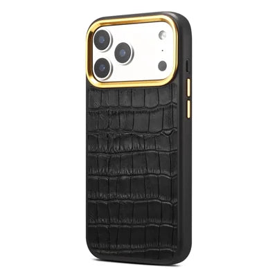 DENIOR A31 for iPhone 18 Pro Max / 17 Pro Max Magnetic Case Crocodile Texture Genuine Cow Leather Back Cover with Gold Camera Frame - Black