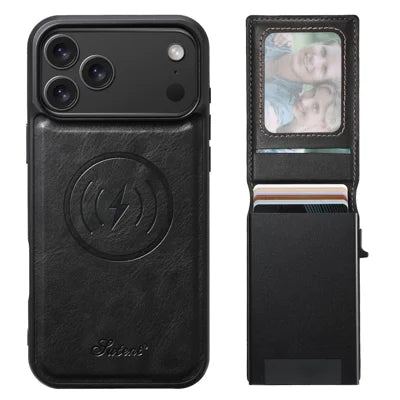 SUTENI H19 for iPhone 18 Pro Max / 17 Pro Max Magnetic Case Waxy Texture Card Slots Leather Back Phone Cover - Black