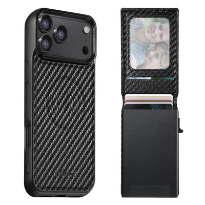SUTENI H19 for iPhone 18 Pro Max / 17 Pro Max Magnetic Case Carbon Fiber Texture Leather Back Cover with Card Bag - Black