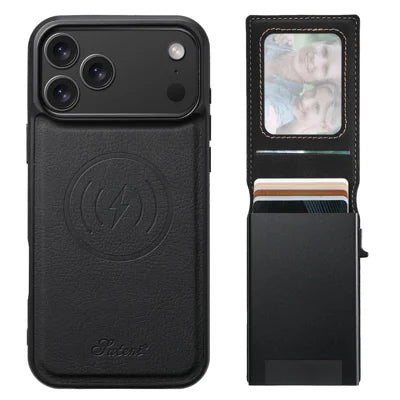 SUTENI H19 for 	iPhone 18 Pro Max / 17 Pro Max Magnetic Case Card Holder Kickstand Litchi Texture Leather Back Cover - Black