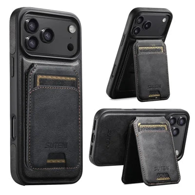 SUTENI M2 for iPhone 18 Pro Max / 17 Pro Max Magnetic Phone Case Waxy Texture Leather+TPU Cover with Card Bag - Black