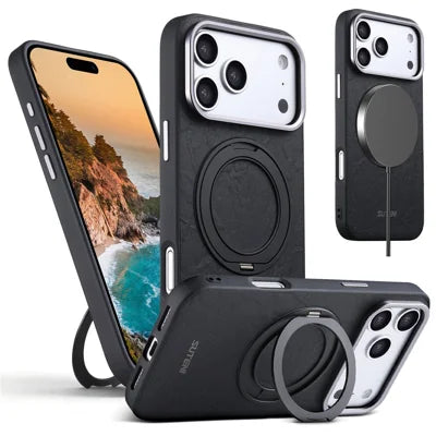SUTENI G9 for iPhone 18 Pro Max  /  17 Pro Max Magnetic Case Rotating Kickstand Rock Texture PU Leather + TPU Electroplated Phone Cover - Black