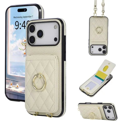 For iPhone 18 Pro Max / 17 Pro Max Case Vertical Flip PU Leather TPU PC Phone Cover with Ring Holder and Shoulder Strap - Beige