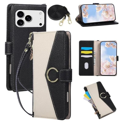 For iPhone 18 Pro Max / 17 Pro Max Case Triangle Splicing Zipper Wallet Leather Cover with Wrist Strap / Shoulder Strap - Black