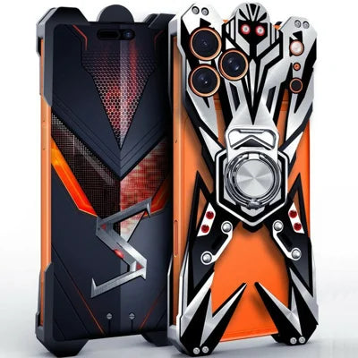 For iPhone 18 Pro Max / 17 Pro Max Bumper Case Machined Hollow Design Aluminum Alloy Phone Cover with Ring Holder - Black / Silver