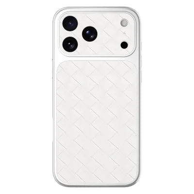 For iPhone 18 Pro Max  /  17 Pro Max Case Woven Texture PU Leather Coated PC TPU Silver Edge Precision Cutouts Phone Cover - White