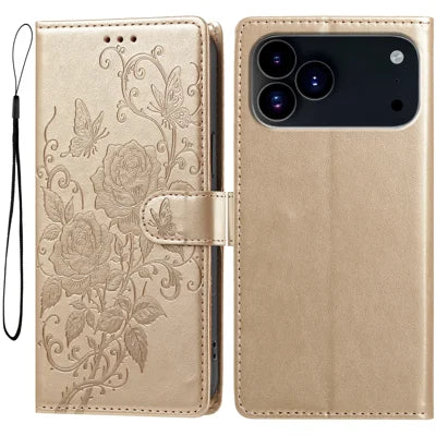  For iPhone 17 Pro Max / iPhone 18 Pro Max Leather Case Rose Butterfly Imprinted Wallet Stand Flip Phone Cover with Wrist Strap - Gold