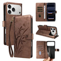 For iPhone 18 Pro Max  /  17 Pro Max Wallet Case Orchid Butterfly Imprinted Pattern Flip Stand Leather Phone Cover with Wrist Strap - Brown