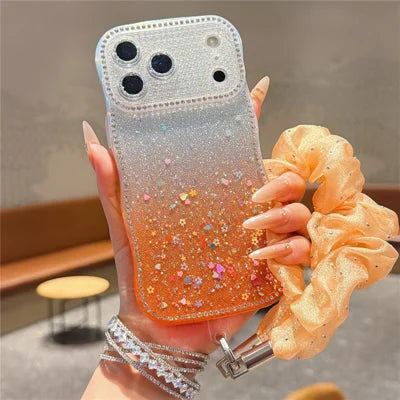 For iPhone 18 Pro Max  /  17 Pro Max TPU Case Rhinestone Decor Wave Frame Glitter Epoxy Design Phone Cover with Camera Lens Film and Mesh Wrist Strap - Gradient Orange