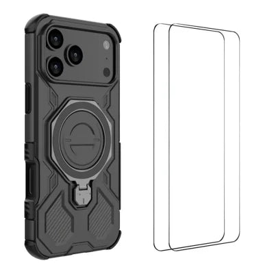  WANLONFENG for iPhone 18 Pro Max Case Kickstand with 2Pcs Screen Film  KJ Series PC TPU Phone Cover (Big Lens Hole) - Black