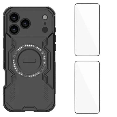  WANLONFENG for iPhone 18 Pro Max Magnetic Case  DJ Series PC TPU Phone Cover with 2Pcs Tempered Glass Film - Black
