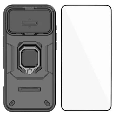  WANLONFENG for iPhone 18 Pro Max ZDX Series Case PC TPU Kickstand Phone Back Case with Lens Cover + Tempered Glass - Black