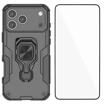  WANLONFENG for iPhone 18 Pro Max Phone Case  PC TPU Back Cover Kickstand with Tempered Glass - Black