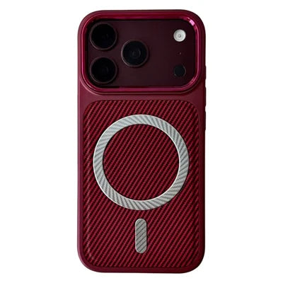 For iPhone 18 Pro Max  /  17 Pro Max Magnetic Case Carbon Fiber Texture Metal Camera Frame TPU + PC Phone Cover - Wine Red