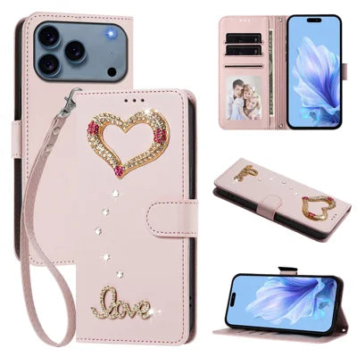 For iPhone 18 Pro Max  /  17 Pro Max Wallet Case 3D Rhinestone LOVE Heart Foldable Stand Leather Phone Cover with Wrist Strap - Pink