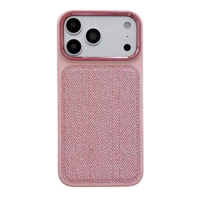 For iPhone 18 Pro Max  /  17 Pro Max Case Herringbone Woven Texture Electroplated Metal Camera Frame TPU + PC Shockproof Phone Cover - Pink
