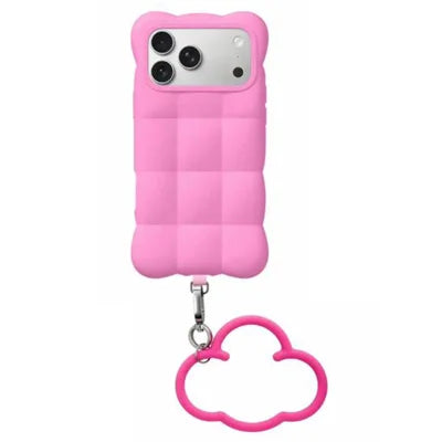 For iPhone 18 Pro Max / 17 Pro Max Case Cloud Puffer Silicone Phone Cover with Detachable Wrist Strap - Rose Pink